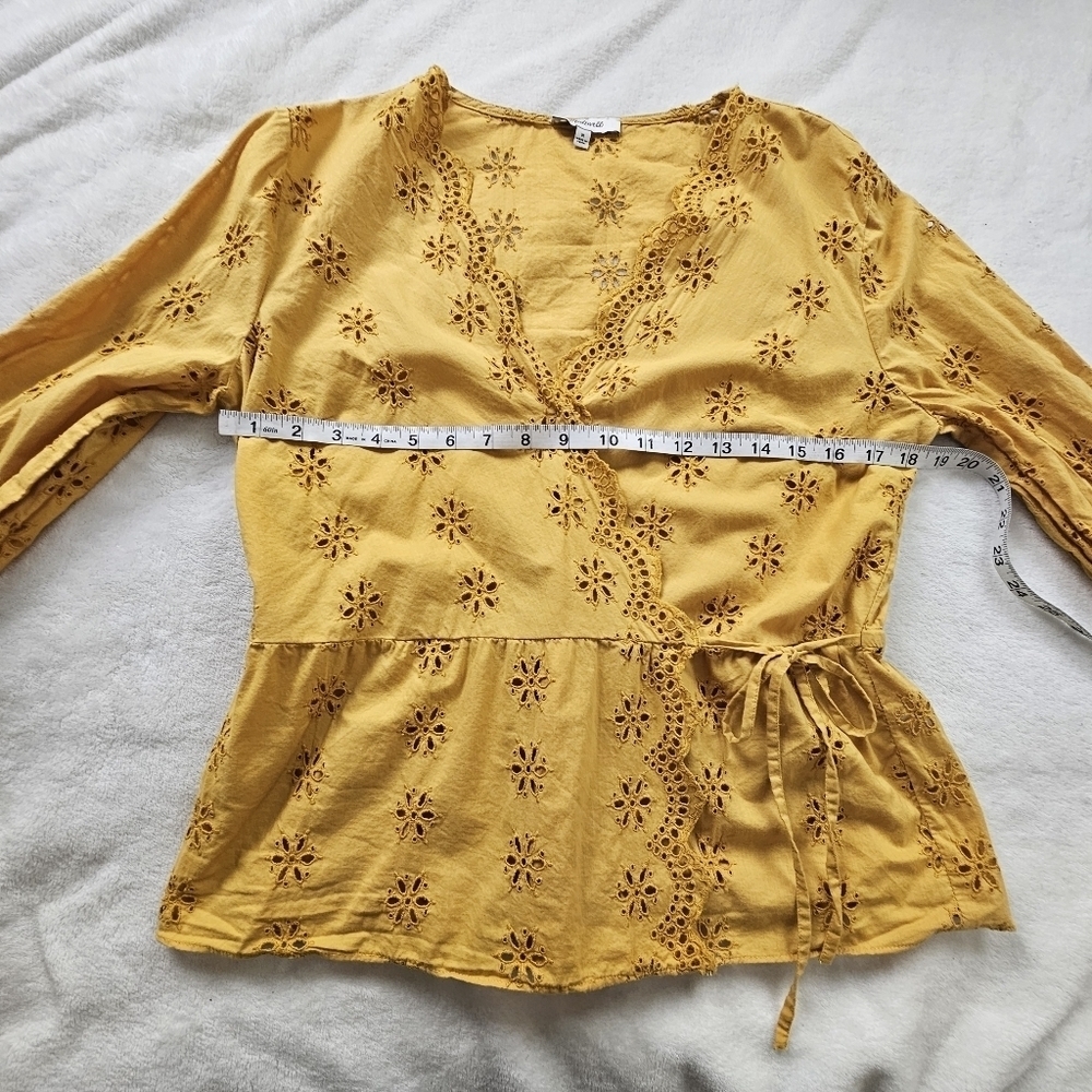 Madewell Scalloped Eyelet Wrap Blouse Mustard Yellow Boho Top - Picture 9 of 15